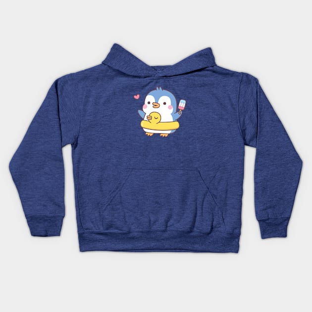 Cute Penguin With Duck Pool Float Kids Hoodie by rustydoodle